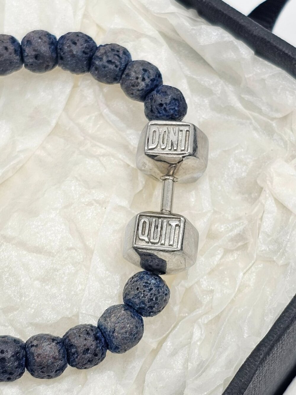 Handmade bracelet /w semiprecious stone & stainless steel "DON'T QUIT" dumbbell